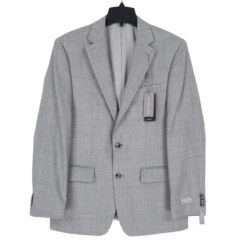 Michael Kors Mens Classic Fit Suit Jacket 38R Grey Blue Windowpane Stretch Wool